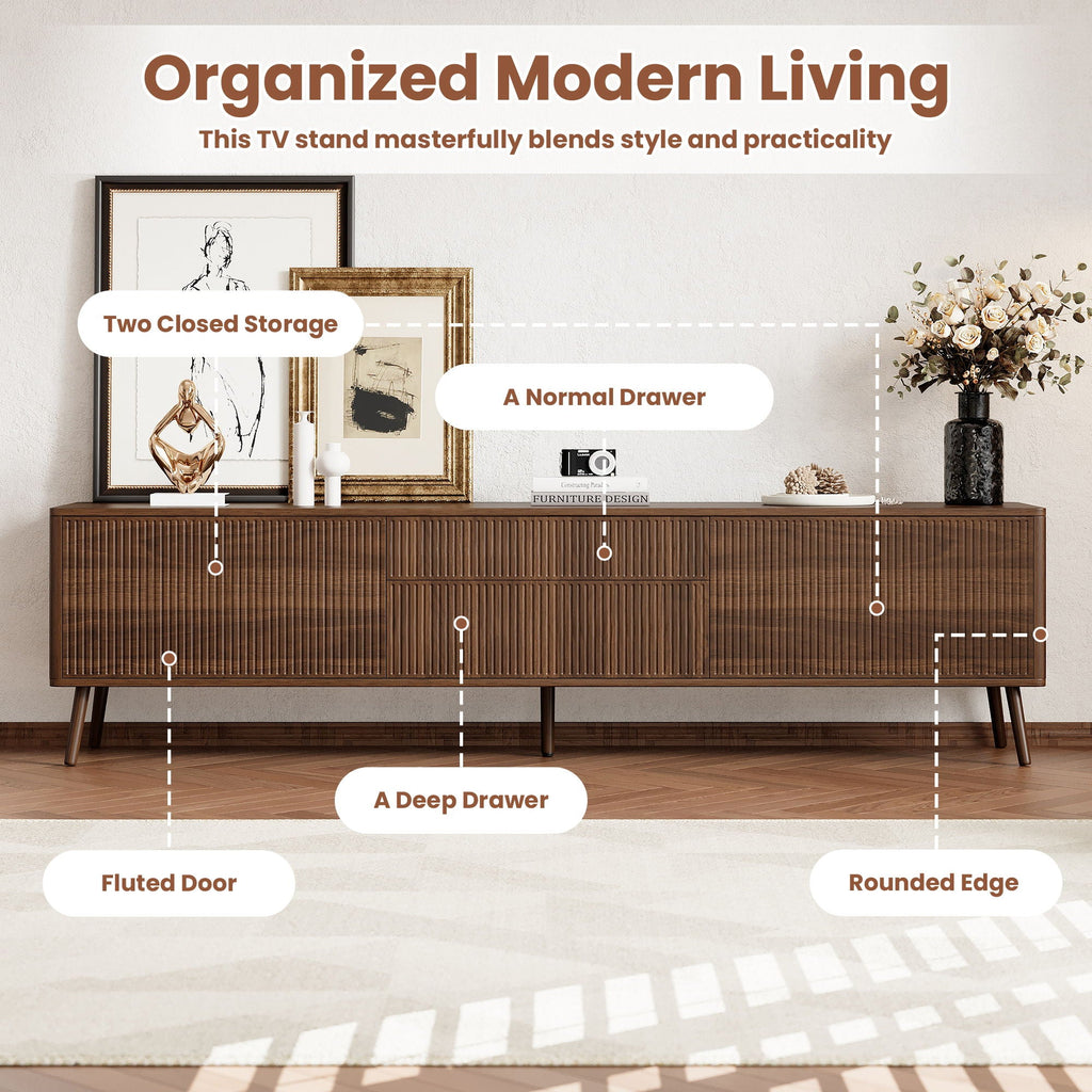Fluted TV Stand With Storage Drawers And Cabinets For TVs Up - Walnut