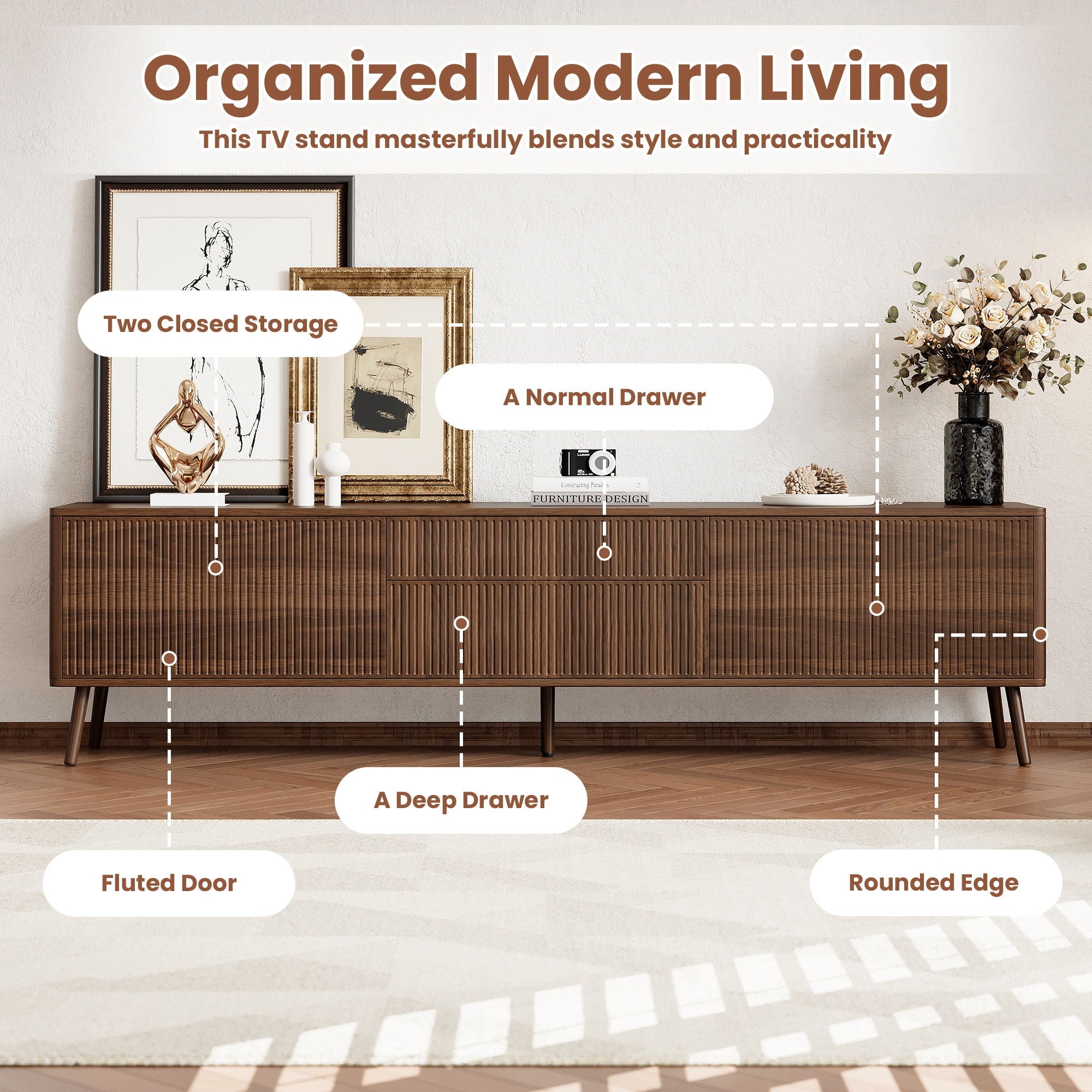 Fluted TV Stand With Storage Drawers And Cabinets For TVs Up - Walnut