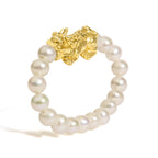 18K Yellow Gold Freshwater Pearl Dragon Charm Adjustable Ring Band