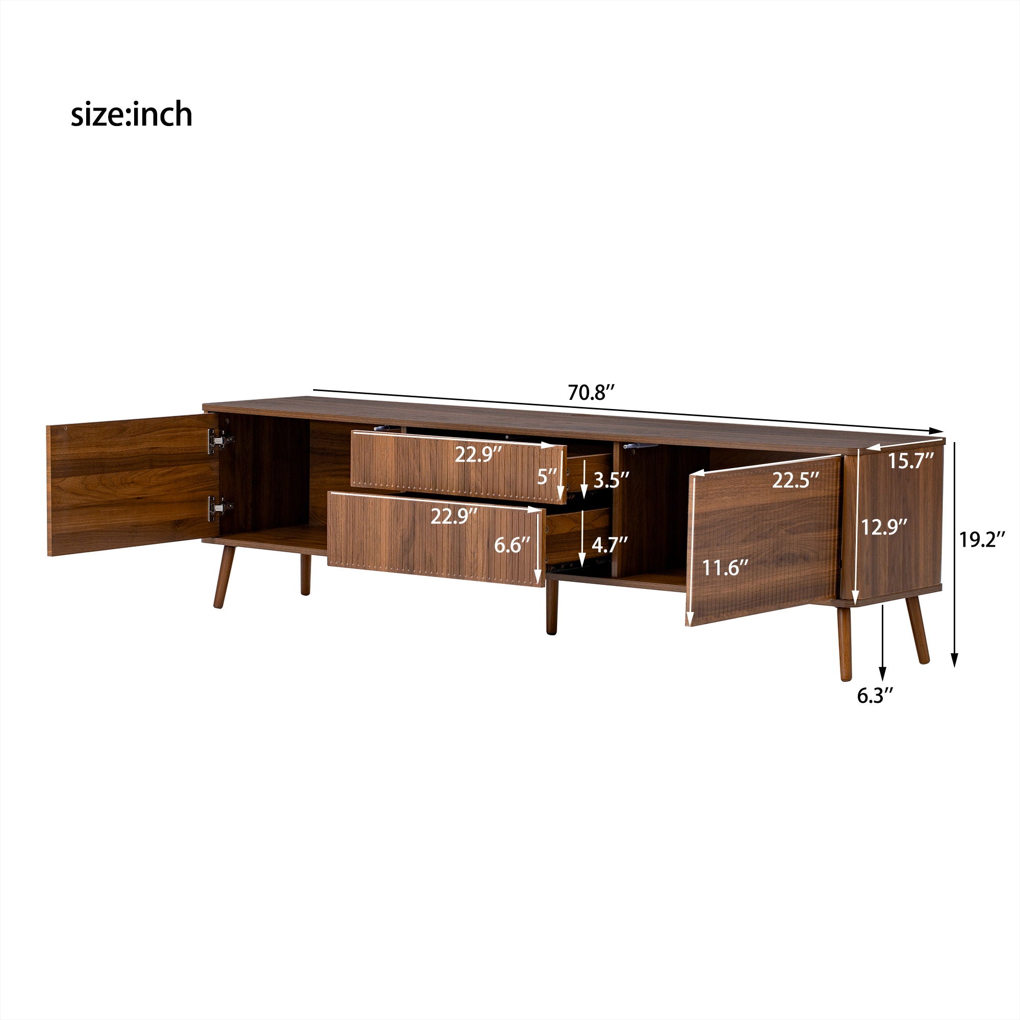 Fluted TV Stand With Storage Drawers And Cabinets For TVs Up - Walnut