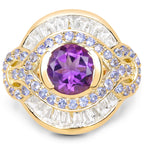 14K Yellow Gold Plated 3.93 Carat Genuine Amethyst, Tanzanite and White Topaz .925 Sterling Silver Ring