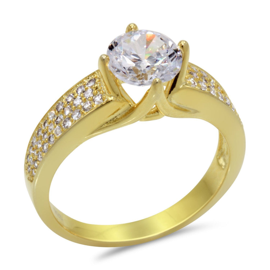 CZ 7mm Sterling Silver Gold Plated Crossover Halo Engagement Ring