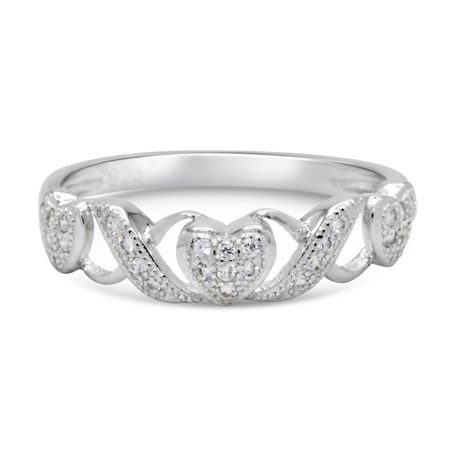 CZ 4mm Sterling Silver Plated Crossover Heart Halo Promise, Engagement Ring