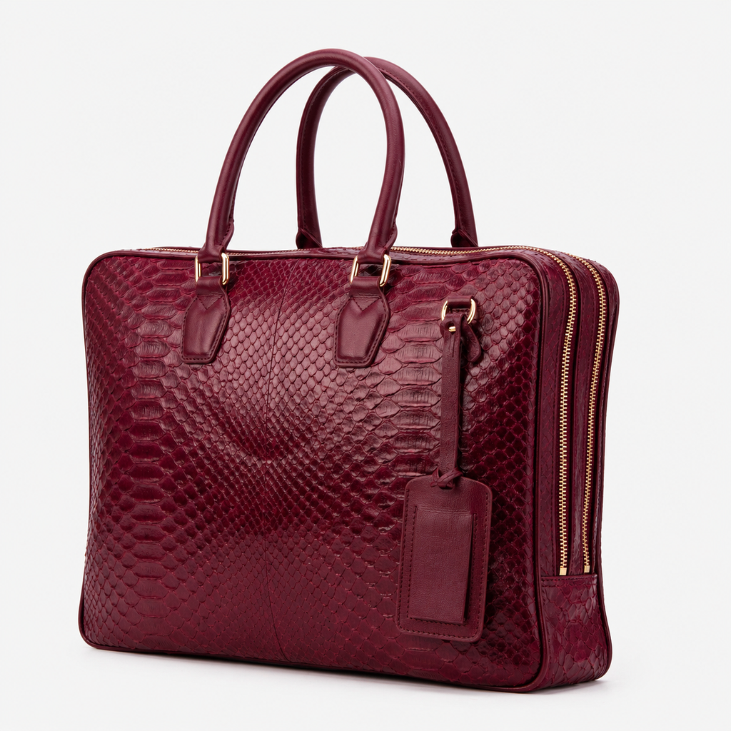 The Cortona Burgundy Python Leather Men’s Laptop Briefcase