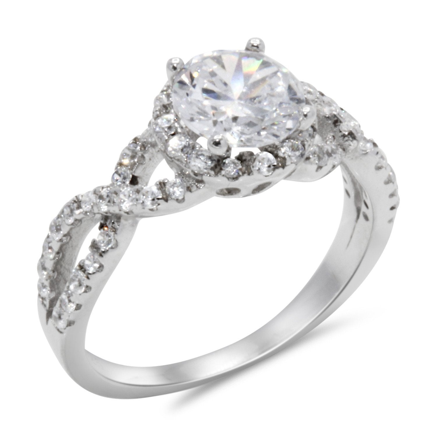 CZ 7mm Center Stone Sterling Silver Plated Crossover Halo Engagement Ring