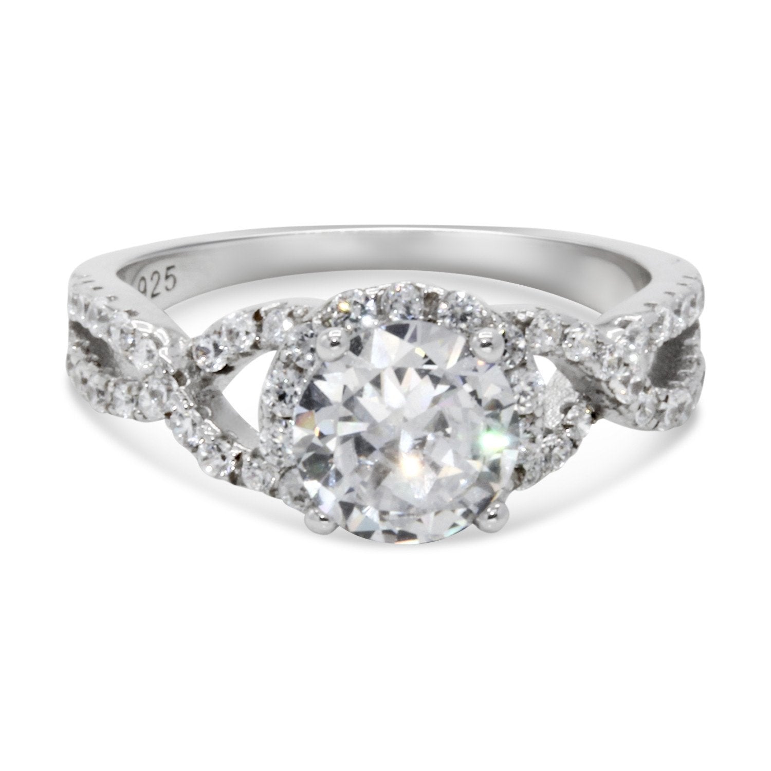 CZ 7mm Center Stone Sterling Silver Plated Crossover Halo Engagement Ring