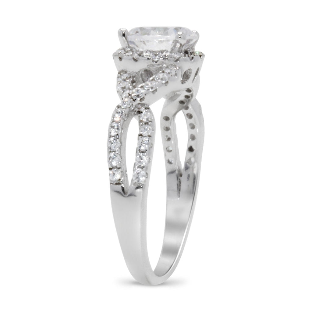 CZ 7mm Center Stone Sterling Silver Plated Crossover Halo Engagement Ring
