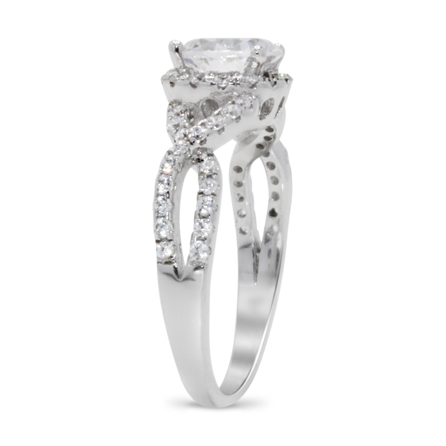 CZ 7mm Center Stone Sterling Silver Plated Crossover Halo Engagement Ring