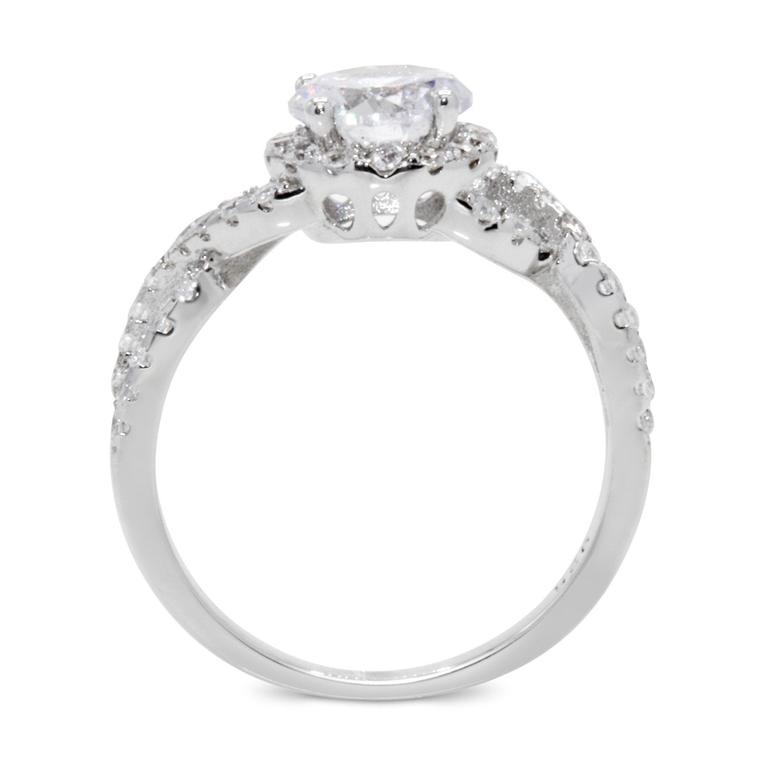 CZ 7mm Center Stone Sterling Silver Plated Crossover Halo Engagement Ring