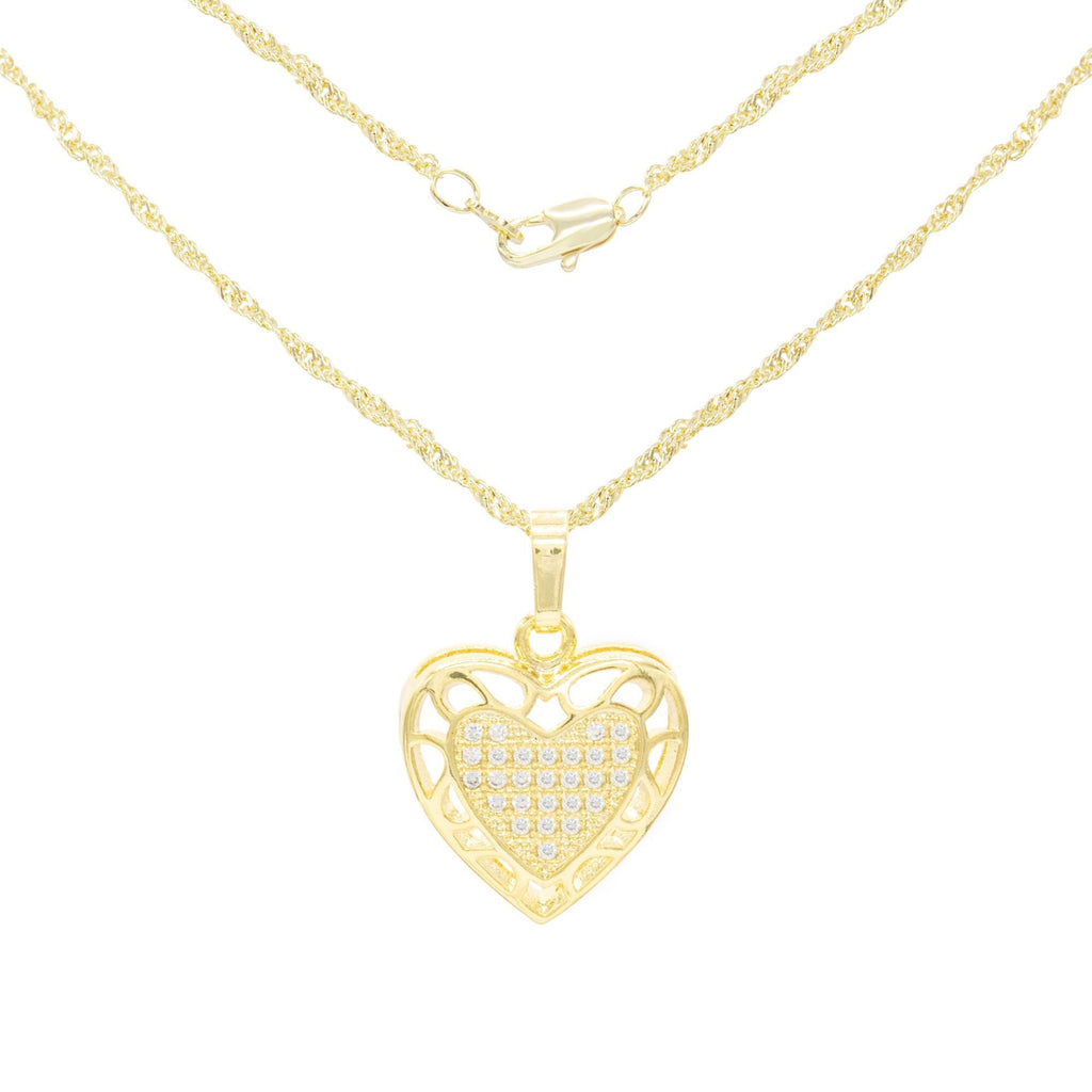 Cubic Zirconia 14K Gold Filled Hollow Heart Pendant Necklace Set