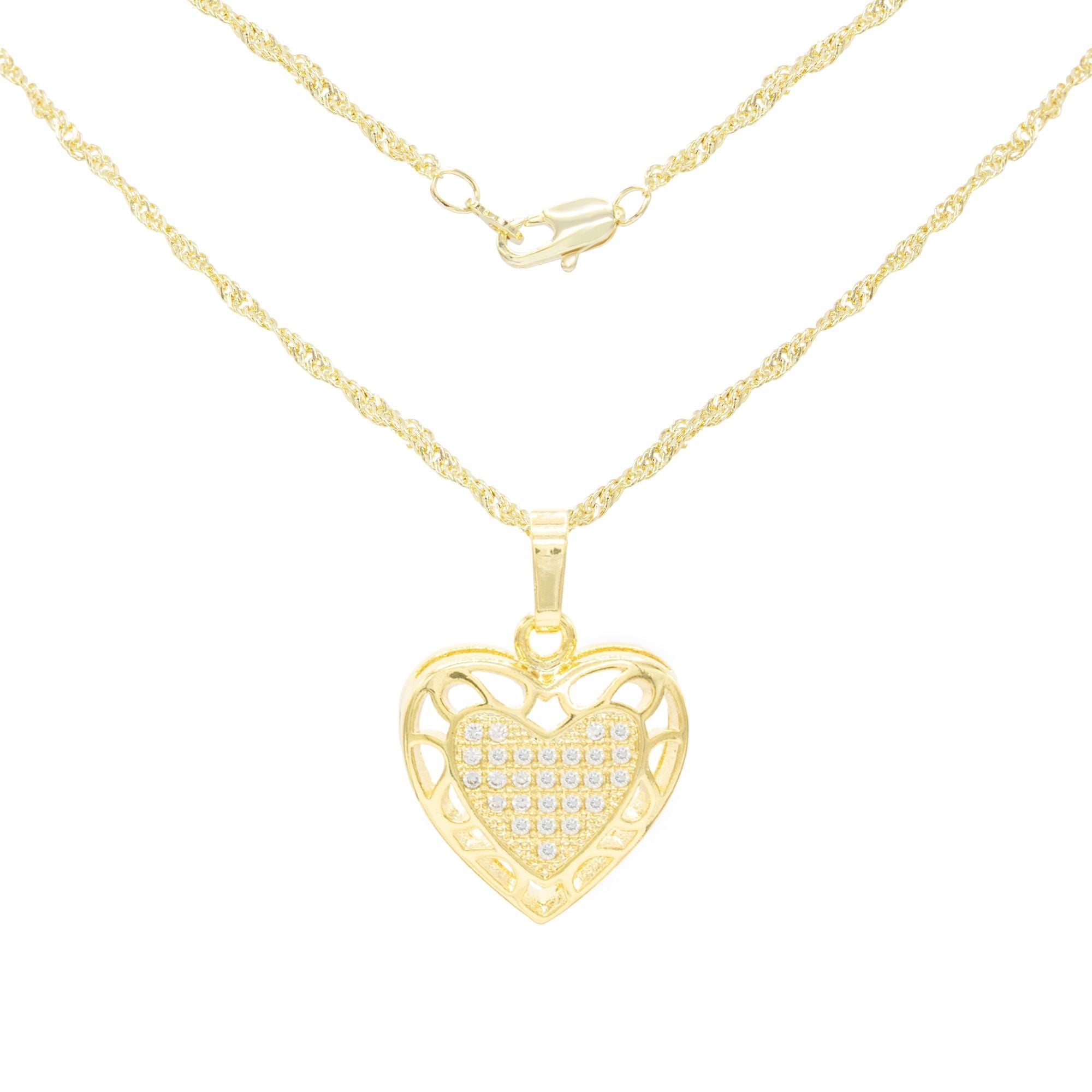 Cubic Zirconia 14K Gold Filled Hollow Heart Pendant Necklace Set