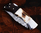 DAMASCUS STEEL POCKET KNIFE STAG AND ROSE WOOD HANDLE KNIFE HANDMADE