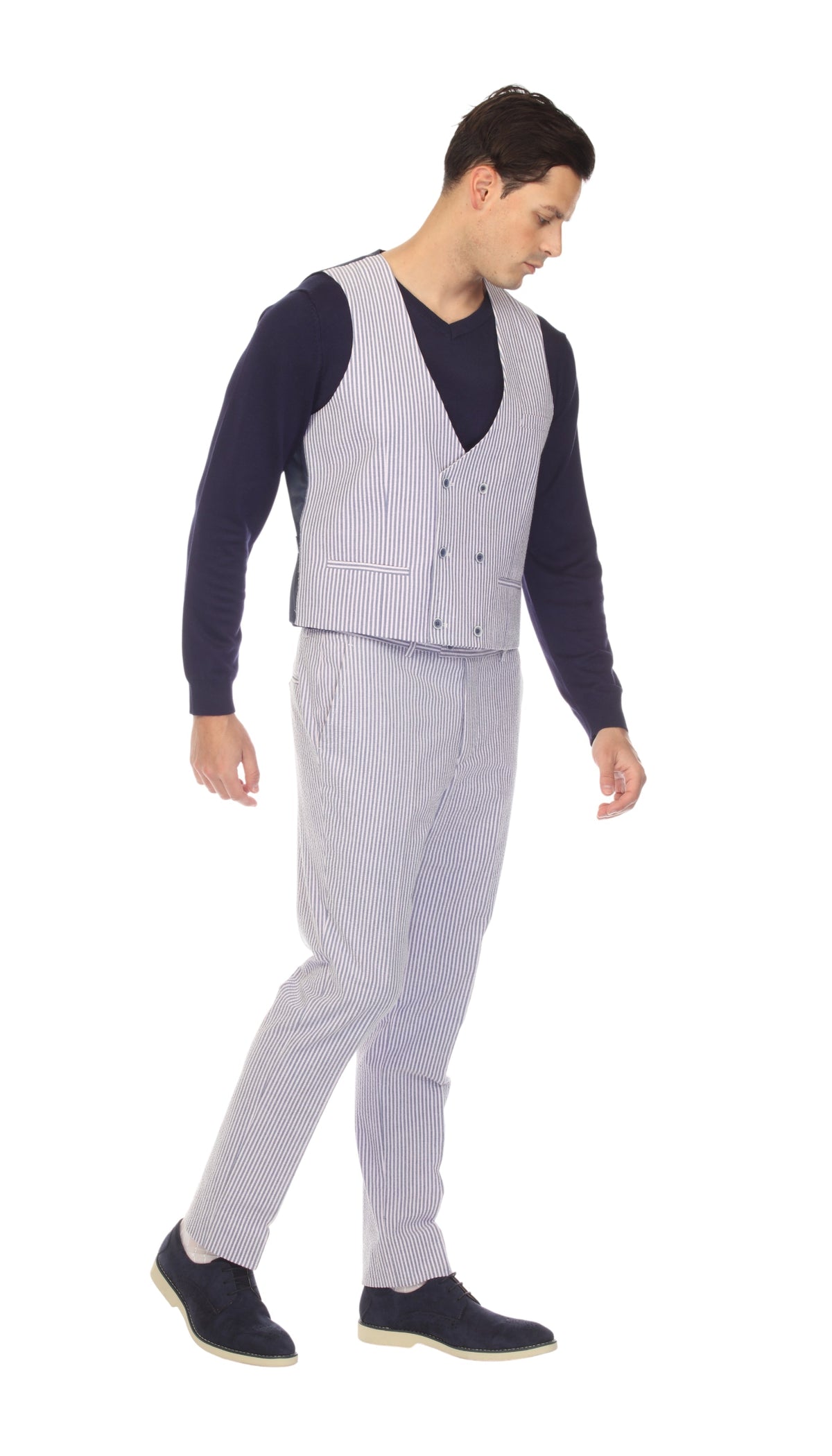 Men's Navy Double Breasted Seersucker Vest – Grant