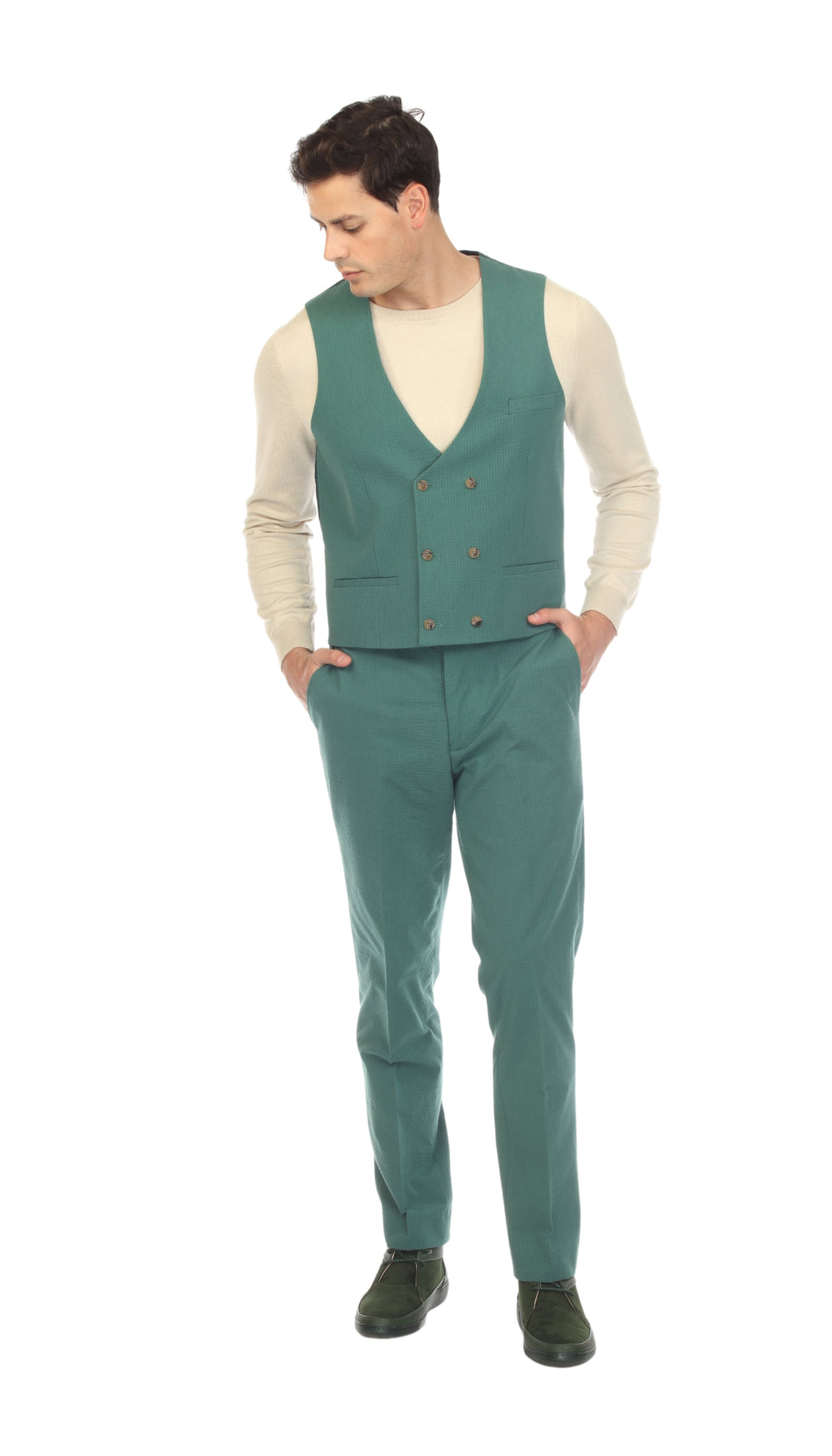 Men's Hunter Green Double Breasted Seersucker Vest – Grant