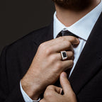 0.87 TGW Black Spinel + White Sapphire Square Halo Signet Ring // Sterling Silver