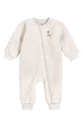 Petit Lem Reindeer Embroidered Stretch Organic Cotton High-Pile Fleece Romper in 102 Beige, Size 18M