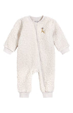 Petit Lem Reindeer Embroidered Stretch Organic Cotton High-Pile Fleece Romper in 102 Beige, Size 18M