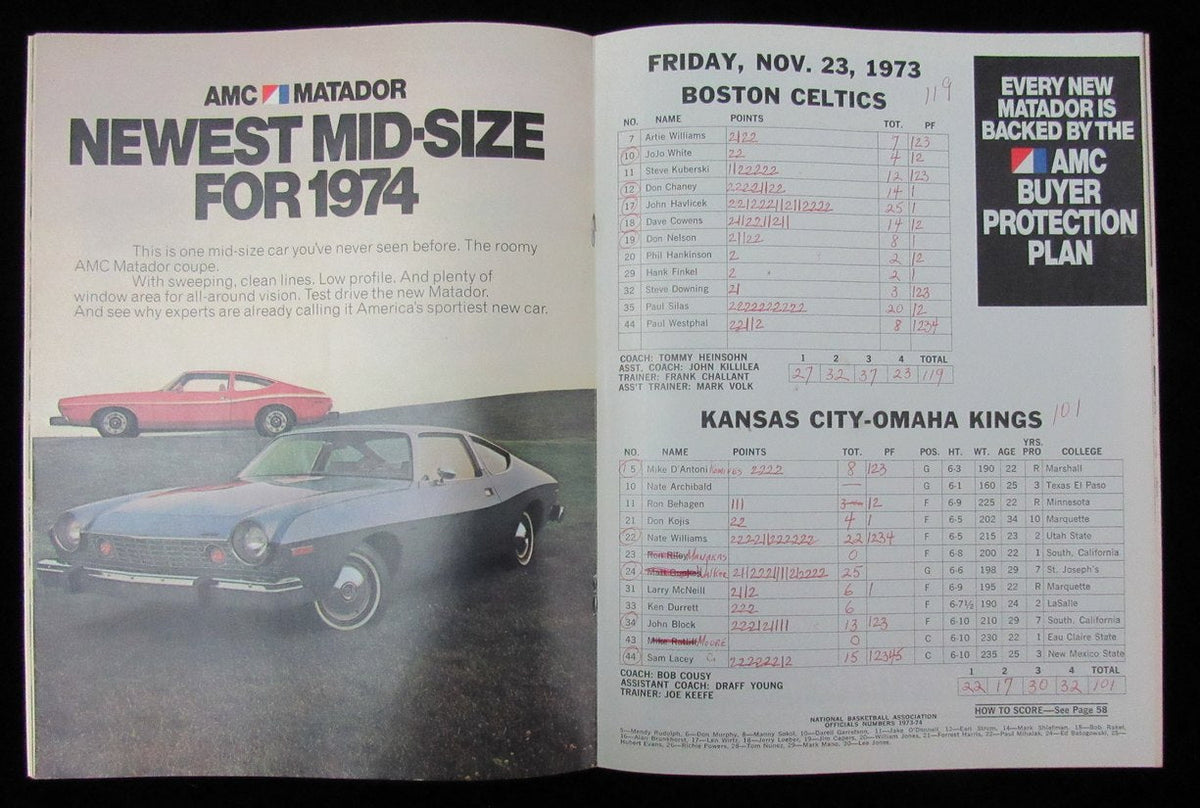 Nov. 23, 1973 Basketball Game Program Boston Celtics vs. KC-Omaha Kings 189179