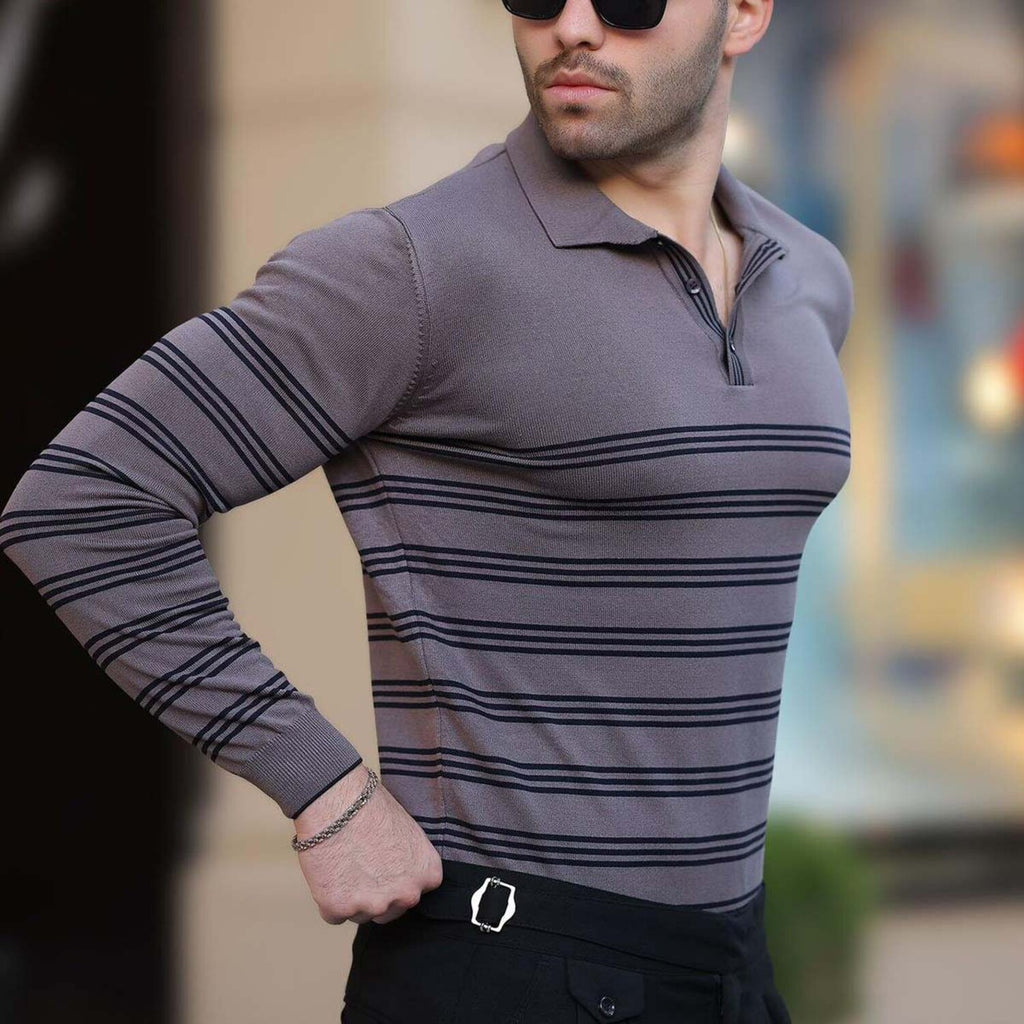 Striped Polo Sweater // Gray
