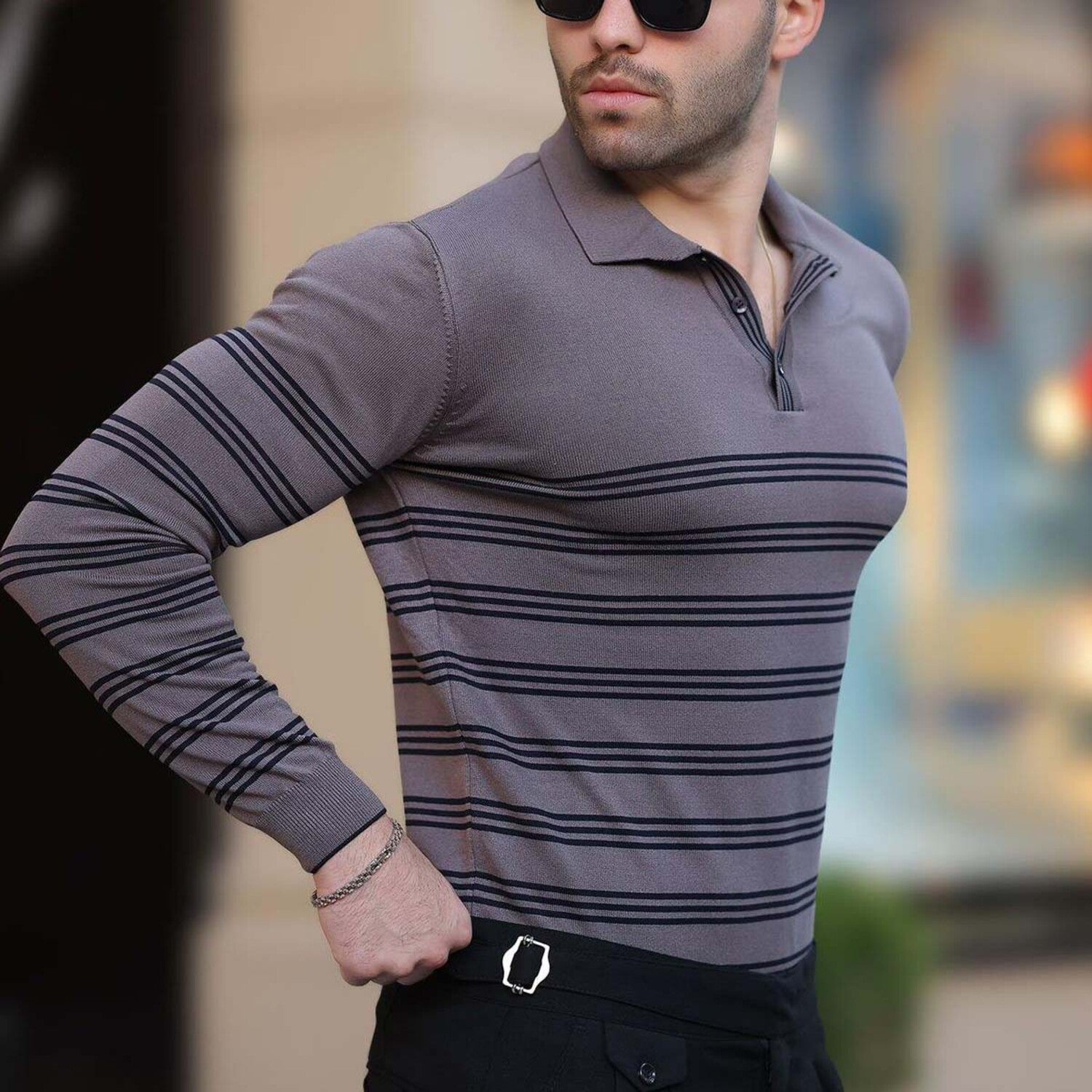 Striped Polo Sweater // Gray