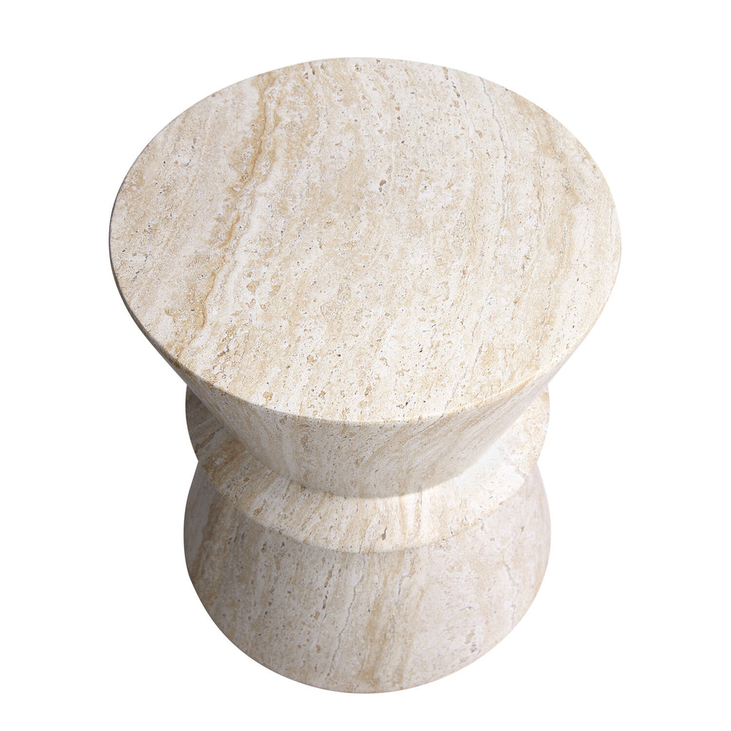 Hourglass Travertine Stone Finish Italian Design MgO Side Accent Table