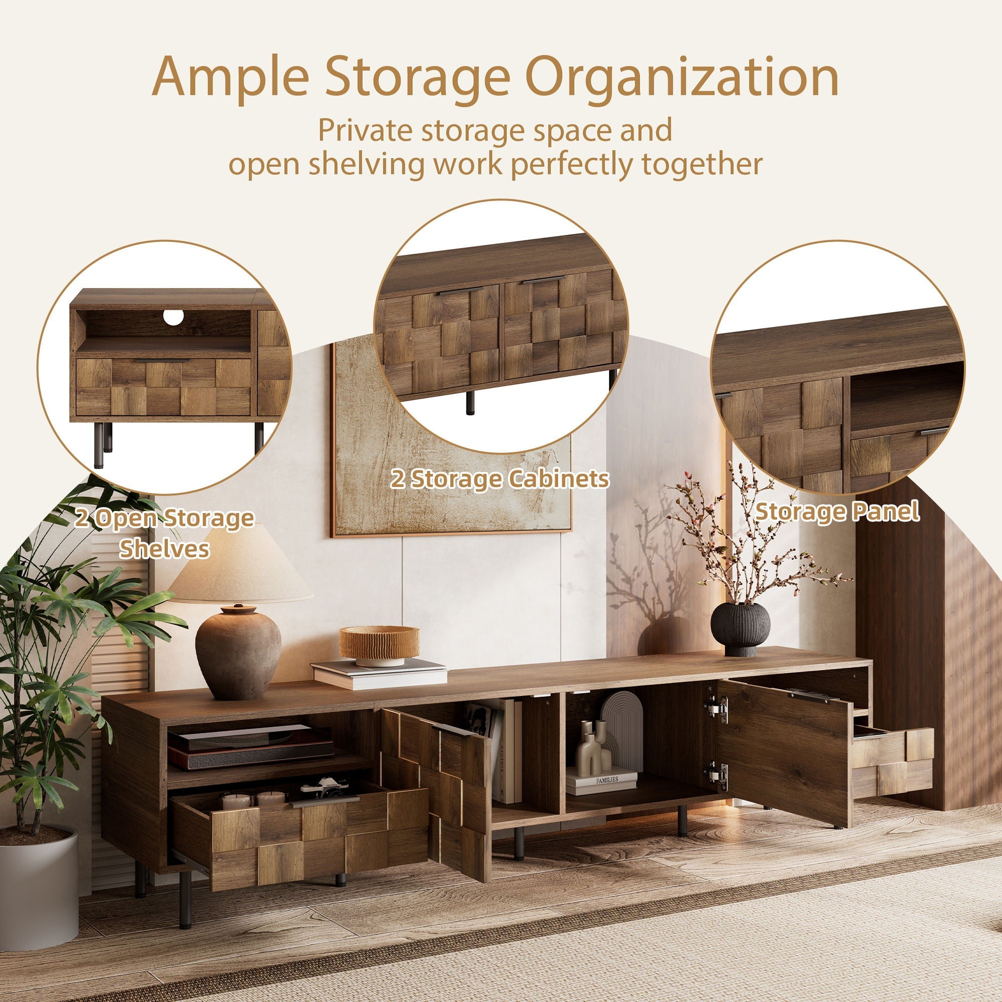 TV Stand With 2 Drawers, For TVs Up To 85'' - Natural