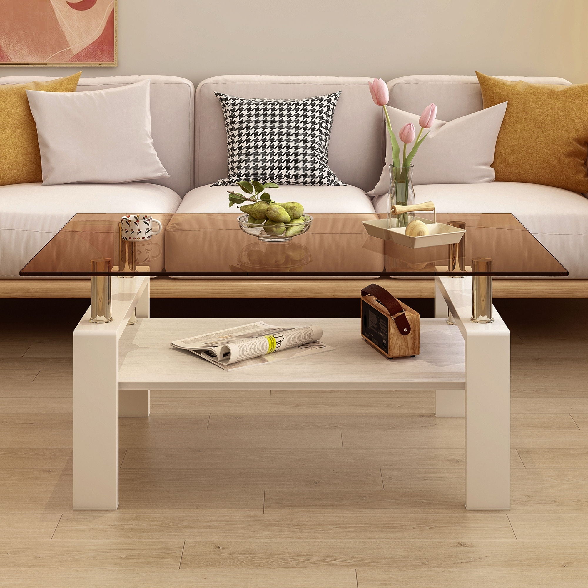 Modern Rectangular Coffee Table With Tempered Transparent