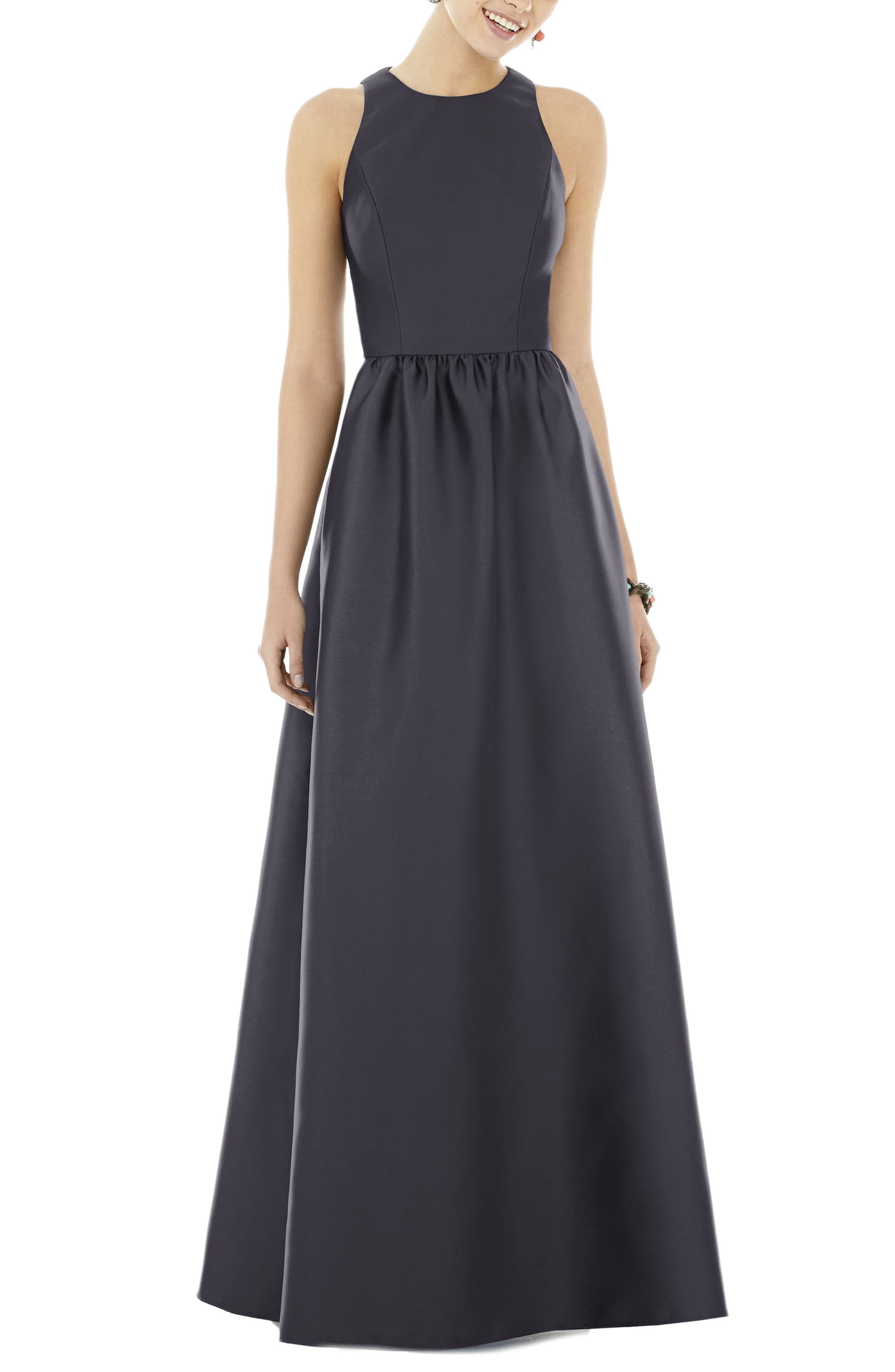 Alfred Sung Satin A-Line Gown in Onyx, Size 14