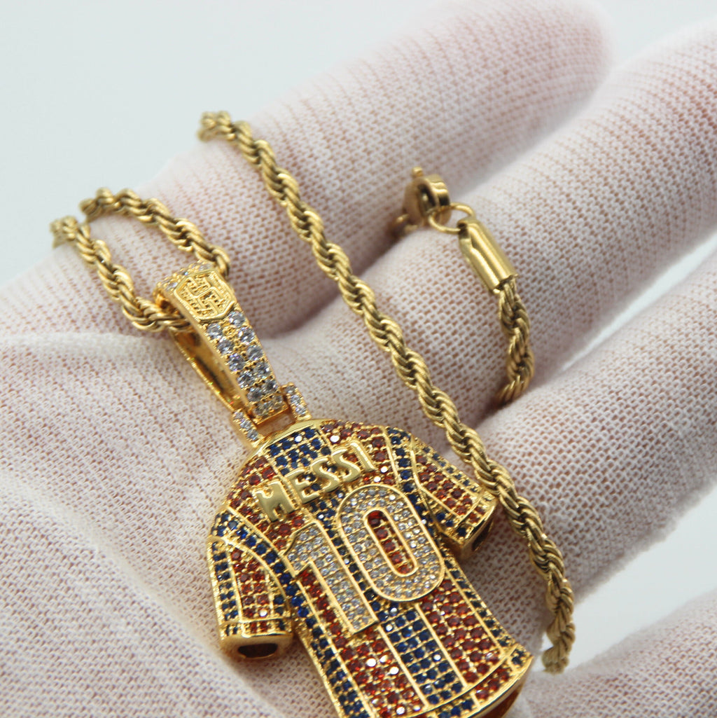 Luxury Football MESSI #10 Jersey Pendant Necklace with Zircon Stones – Perfect Gift for Sports Fans