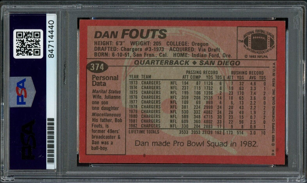 1983 TOPPS Dan Fouts #374 Authentic Card Signed Chargers PSA/DNA 176685