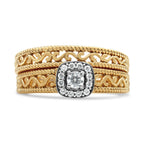14K Yellow Gold Plated .925 Sterling Silver 1/5 Cttw Diamond Halo and Milgrain Finish Engagement Ring Bridal Set (I-J Color I3 Clarity) - Size 7