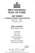 Jim Langer HOF Autographed/Inscr Goal Line Art GLAC Postcard Miami Dolphins JSA