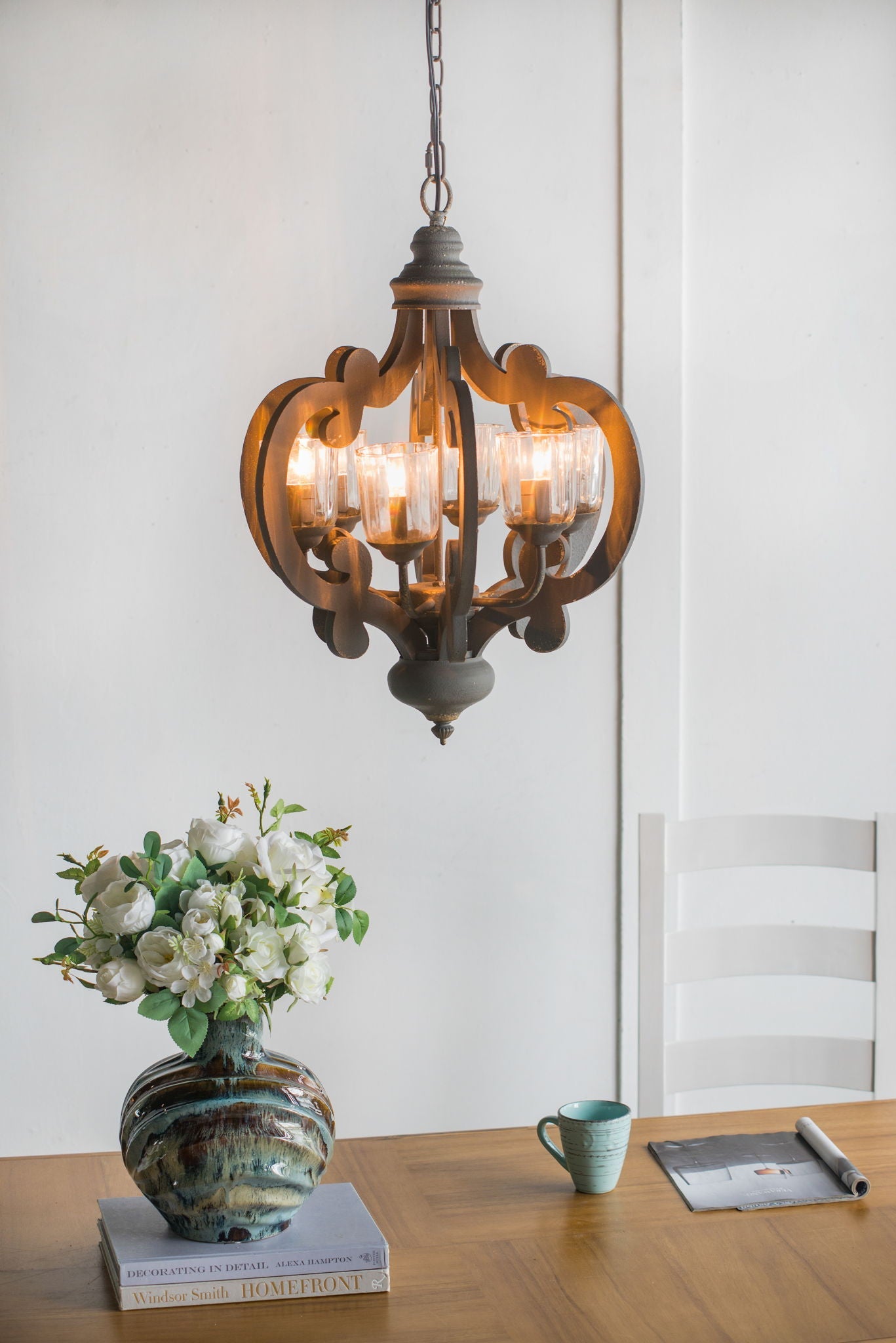Farmhouse Chandelier, 6 Light Wood Chandelier Living Room Entryway