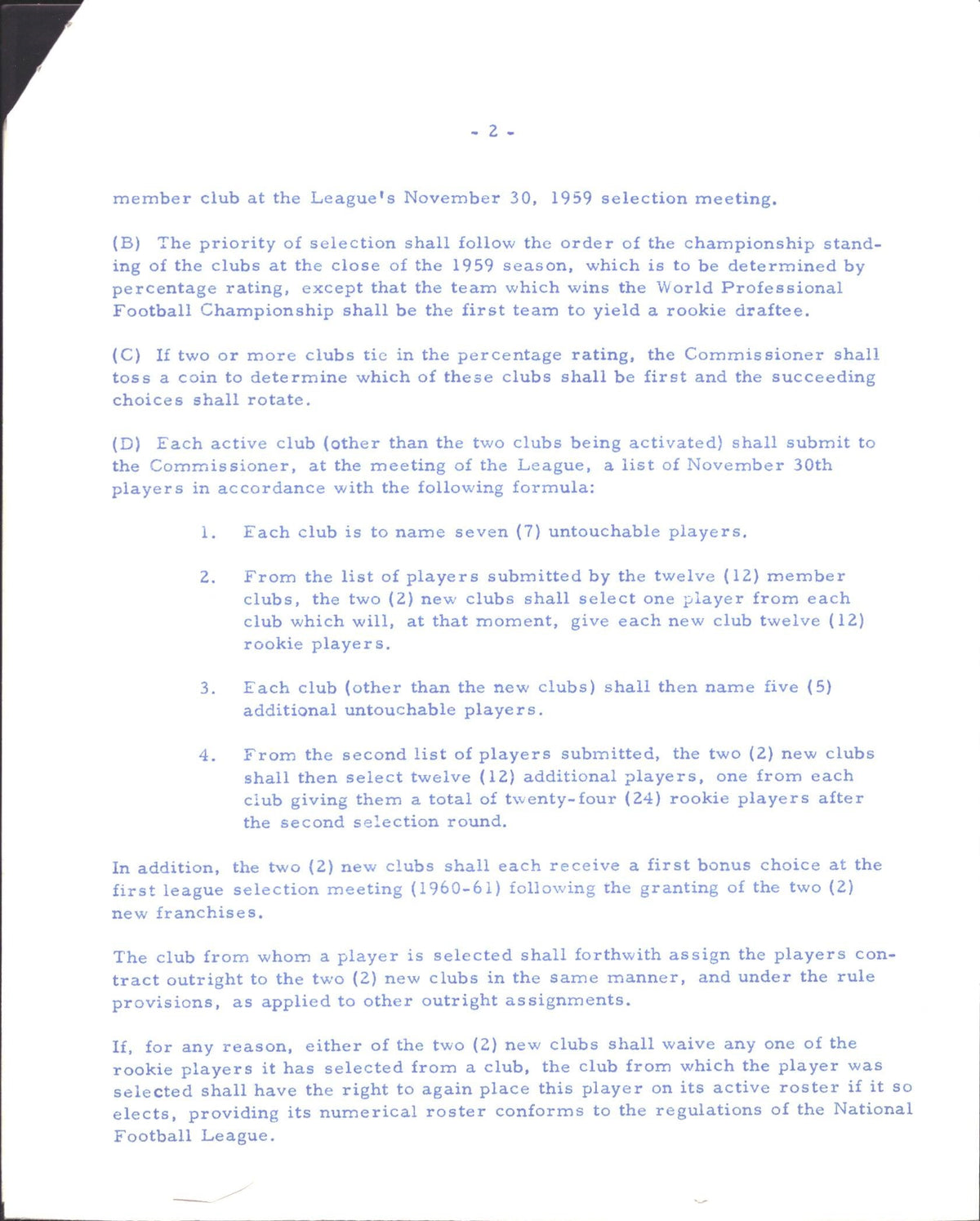 1959 NFL Document For 1960 Drafting of Players by Two Expansion Teams 151633