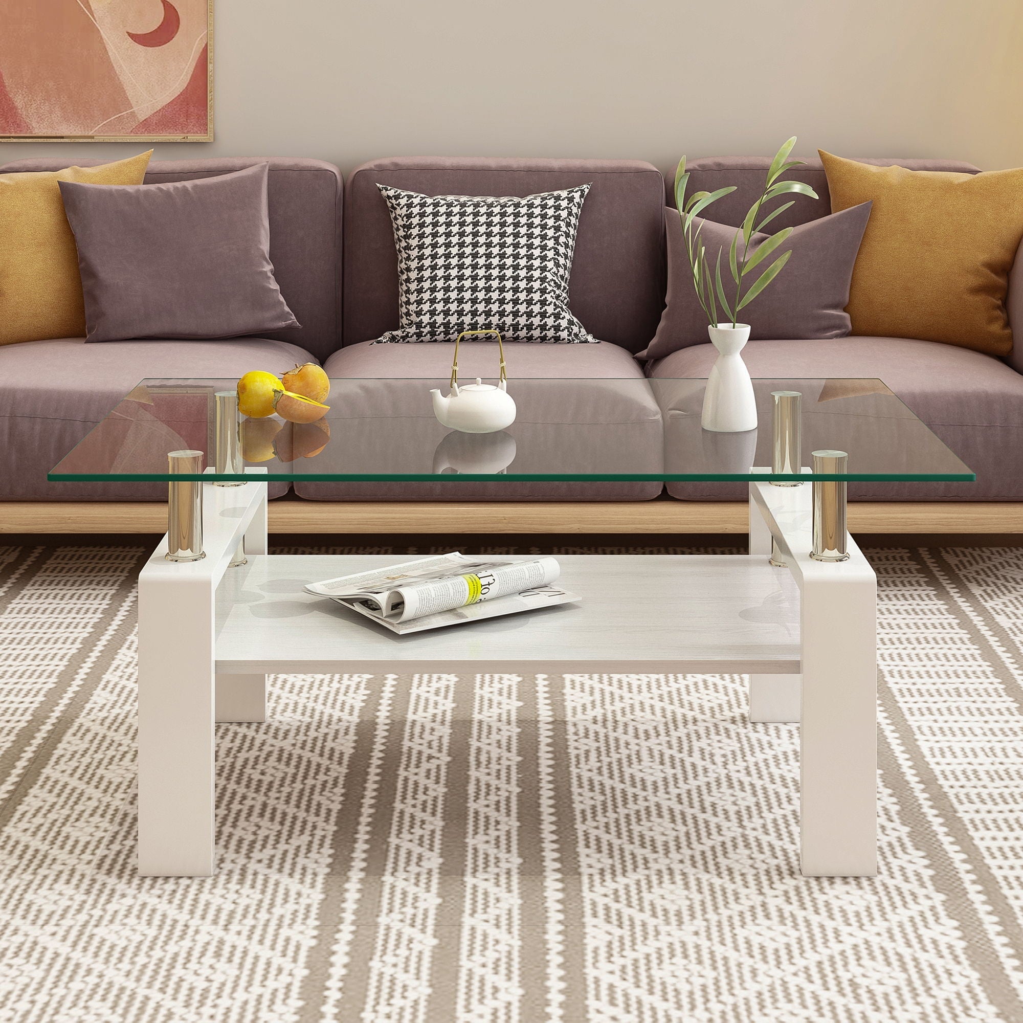 Modern Rectangular Coffee Table With Tempered Transparent