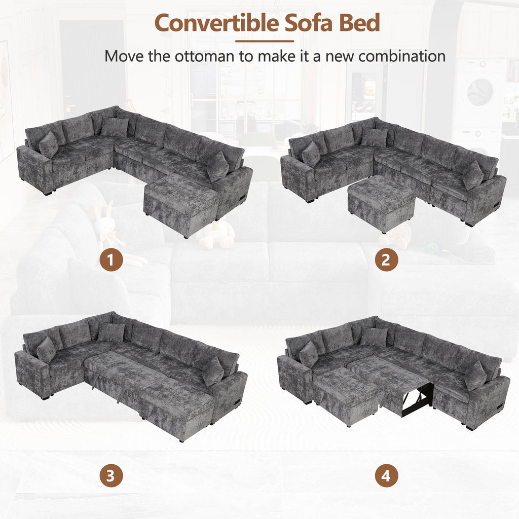 Sectional Sofa Pull-Out Sofa Bed Sleeper With A Storage Ottoman
