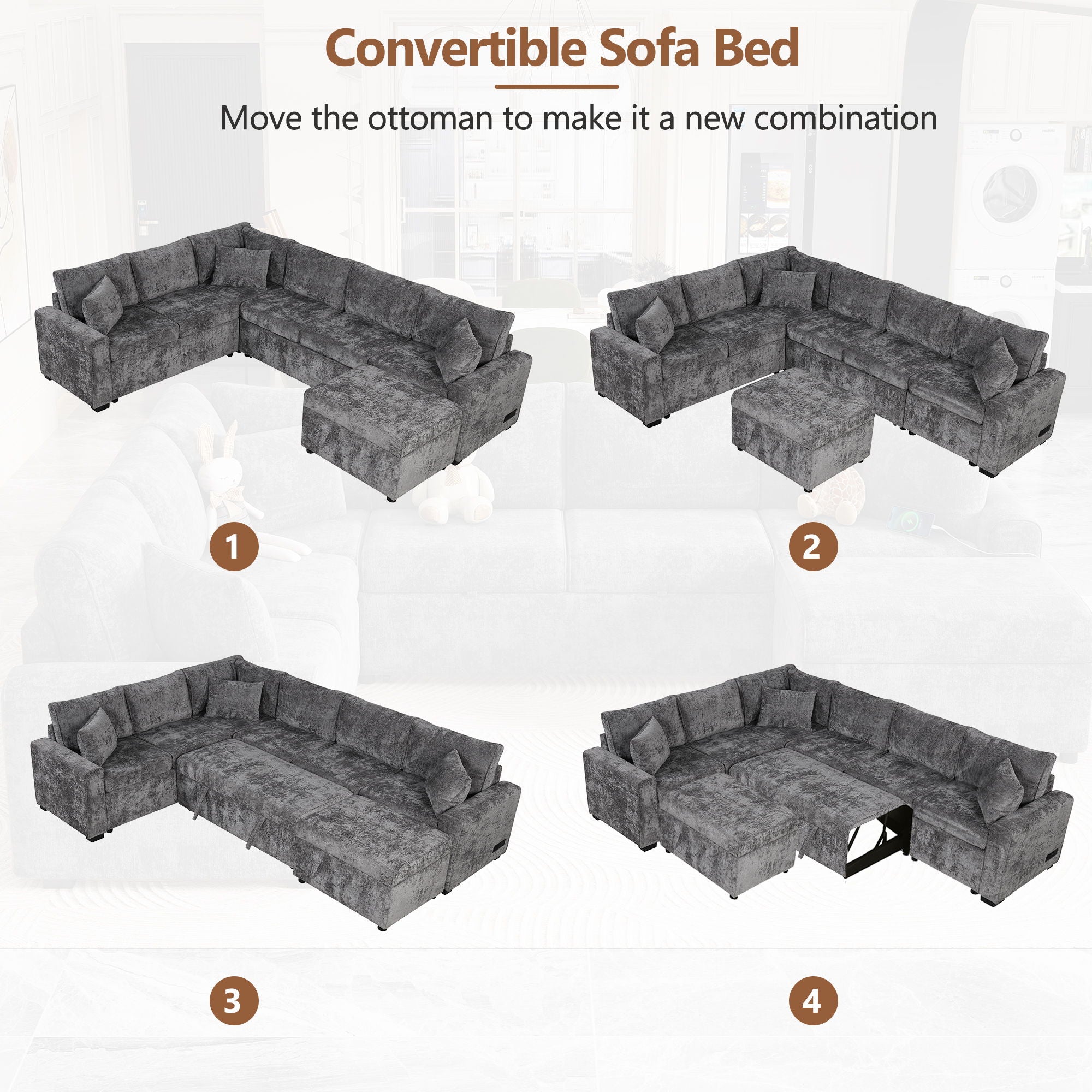 Sectional Sofa Pull-Out Sofa Bed Sleeper With A Storage Ottoman