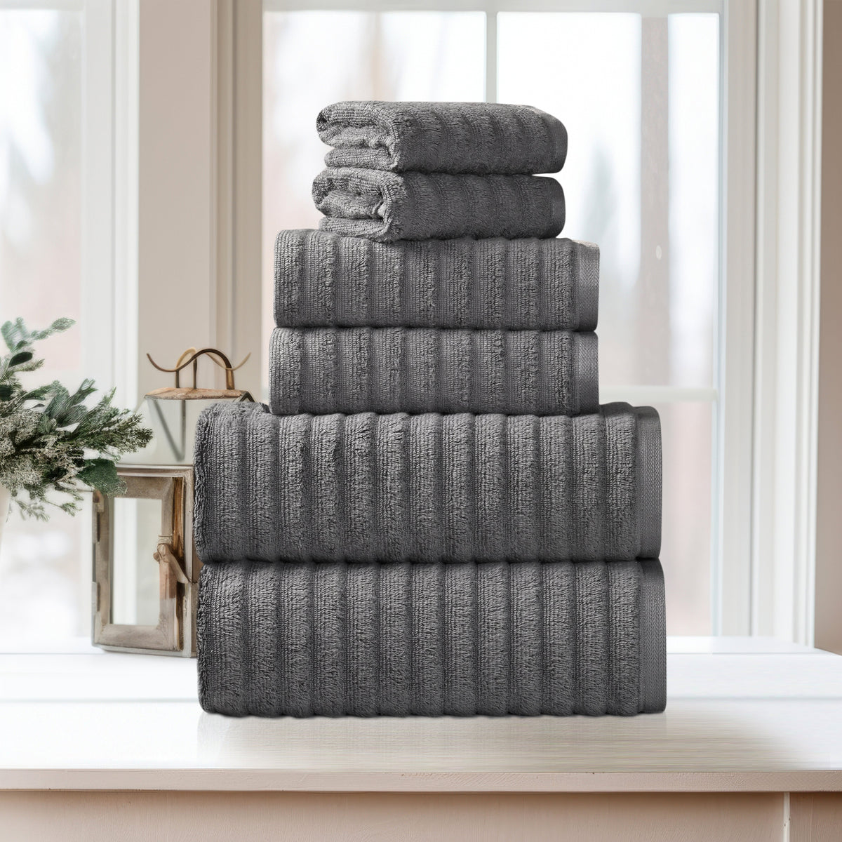 Bibb Home 6 Piece Ribbed Egyptian Cotton Towel Set