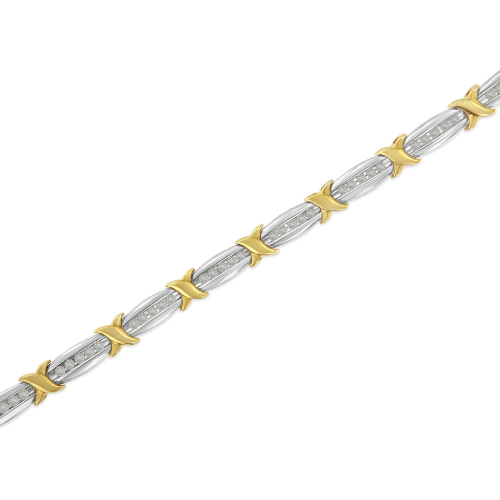Two-Tone 10K Yellow Gold over .925 Sterling Silver 1.0 Cttw Diamond Channel Set Tapered & X-Link 7" Tennis Bracelet (H-I Color, I2-I3 Clarity)