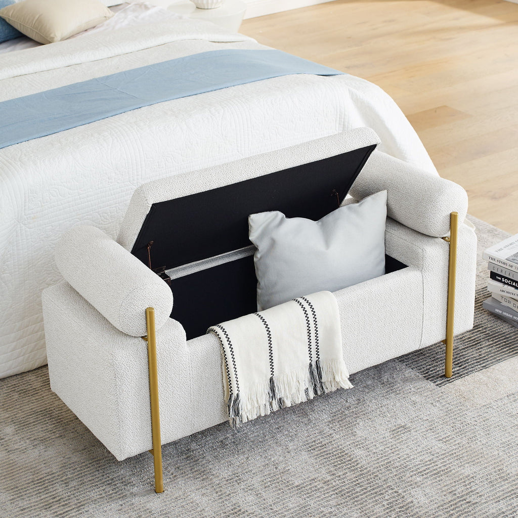 Elegant Upholstered Storage Bench With Cylindrical Arms And Iron Legs