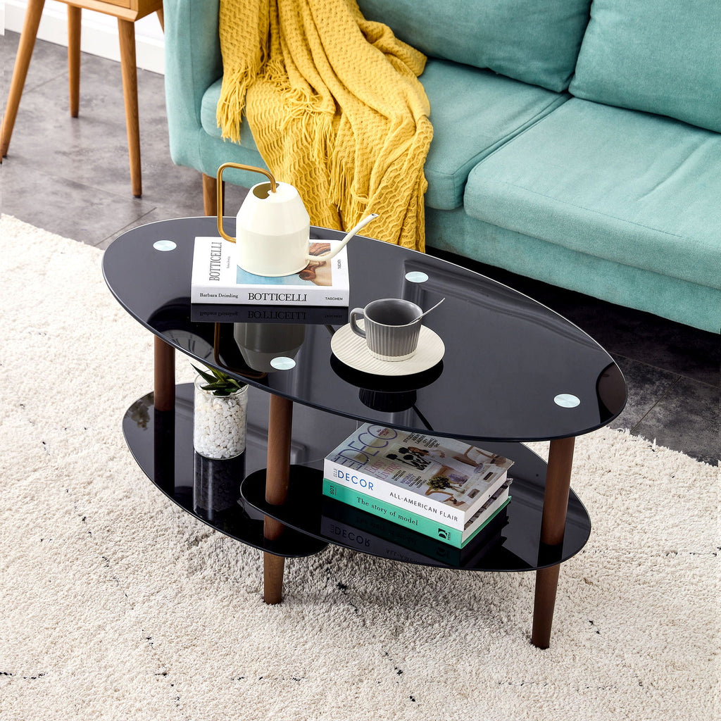 Oval Glass Coffee Table - Brown / Black