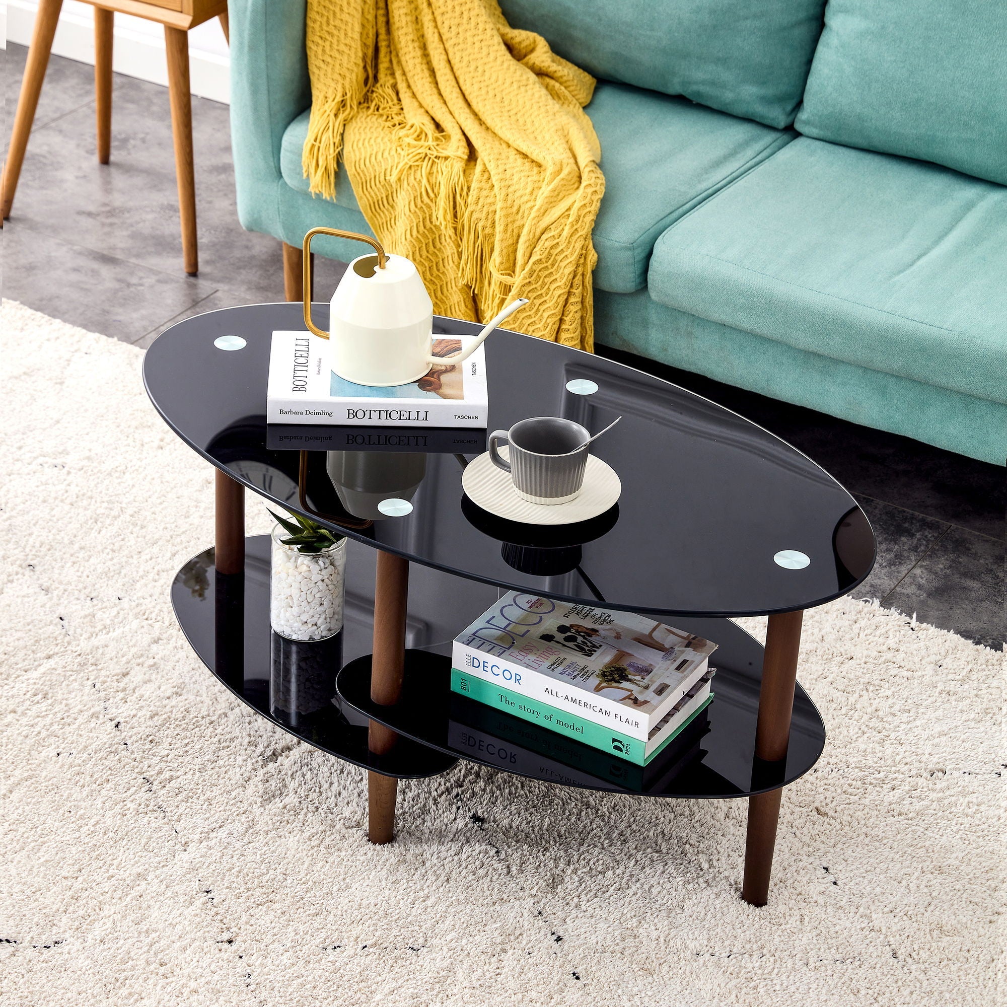 Oval Glass Coffee Table - Brown / Black