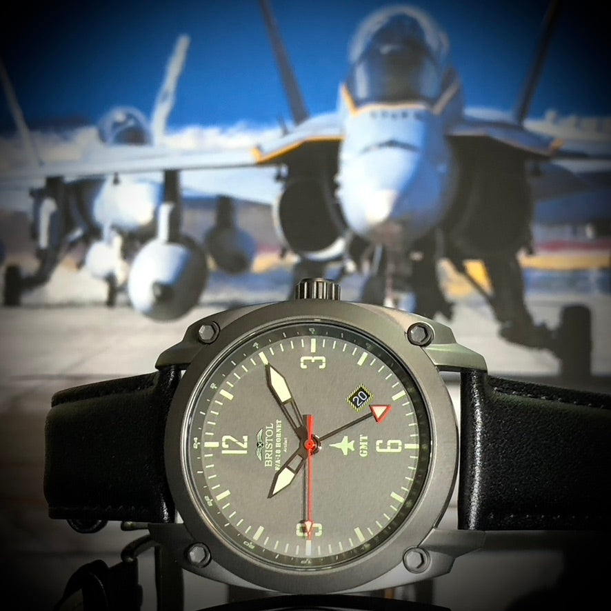 F-18 Hornet Tribute - Gun Metal Finish, Gray Dial, Black Leather Band