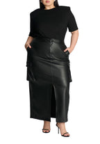 ELOQUII Women's Plus Size Maxi Cargo Faux Leather Skirt - 22, Black Onyx