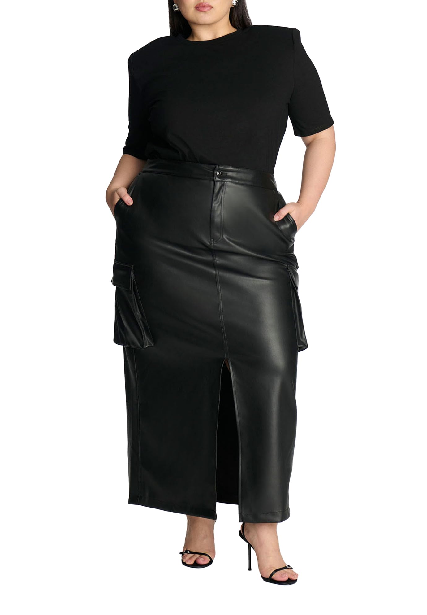 ELOQUII Women's Plus Size Maxi Cargo Faux Leather Skirt - 24, Black Onyx