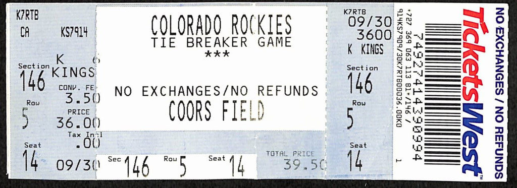 2007 NL Wild Card Tiebreaker Full Ticket Rockies 9 v Padres 8 10/1/2007 187525