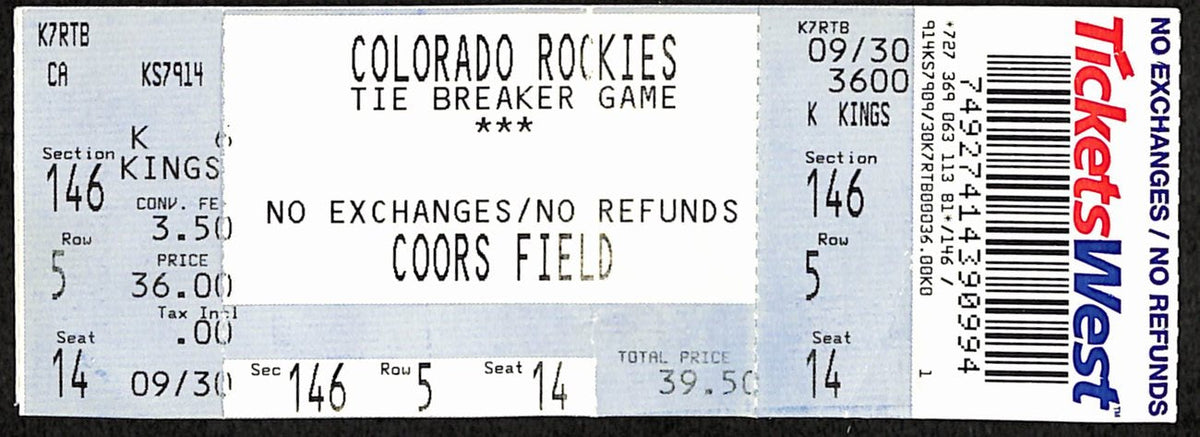 2007 NL Wild Card Tiebreaker Full Ticket Rockies 9 v Padres 8 10/1/2007 187525