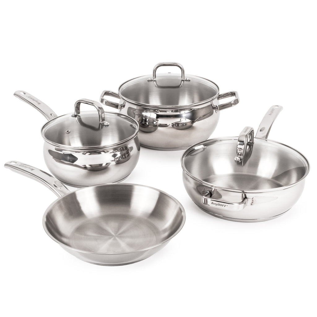 BergHOFF Belly Shape 18/10 Stainless Steel 9.5" Deep Skillet with Glass Lid, 3.2qt