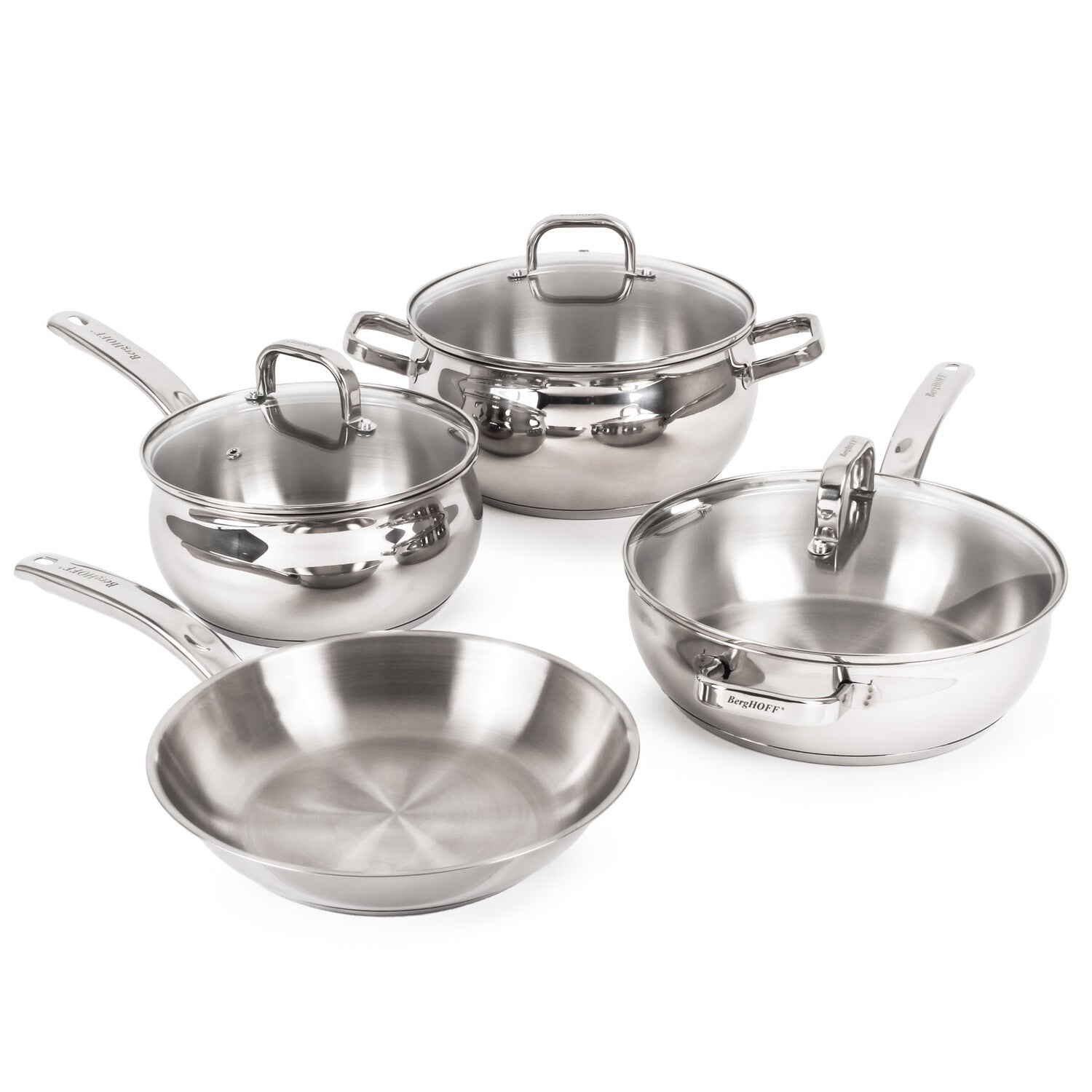 BergHOFF Belly Shape 18/10 Stainless Steel 9.5" Deep Skillet with Glass Lid, 3.2qt