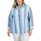 Anne Klein Womens Plus Collared Striped Button-Down Top Blue 1X